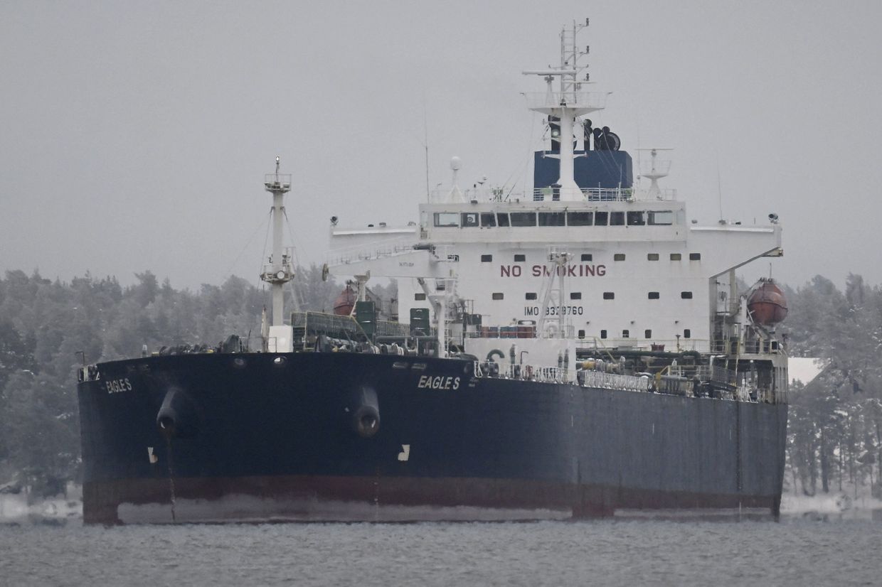 The oil tanker Eagle S anchored near Kilpilahti port in Porvoo, Gulf of Finland, on Jan. 13, 2025.