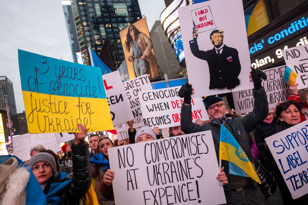 Supporters of Ukraine rally in Times Square in New York City on Feb. 24, 2025, marking the third anniversary of Russia's invasion. On the same day, the U.S. aligned with Russia in voting against a UN resolution urging Russia to withdraw from Ukraine.